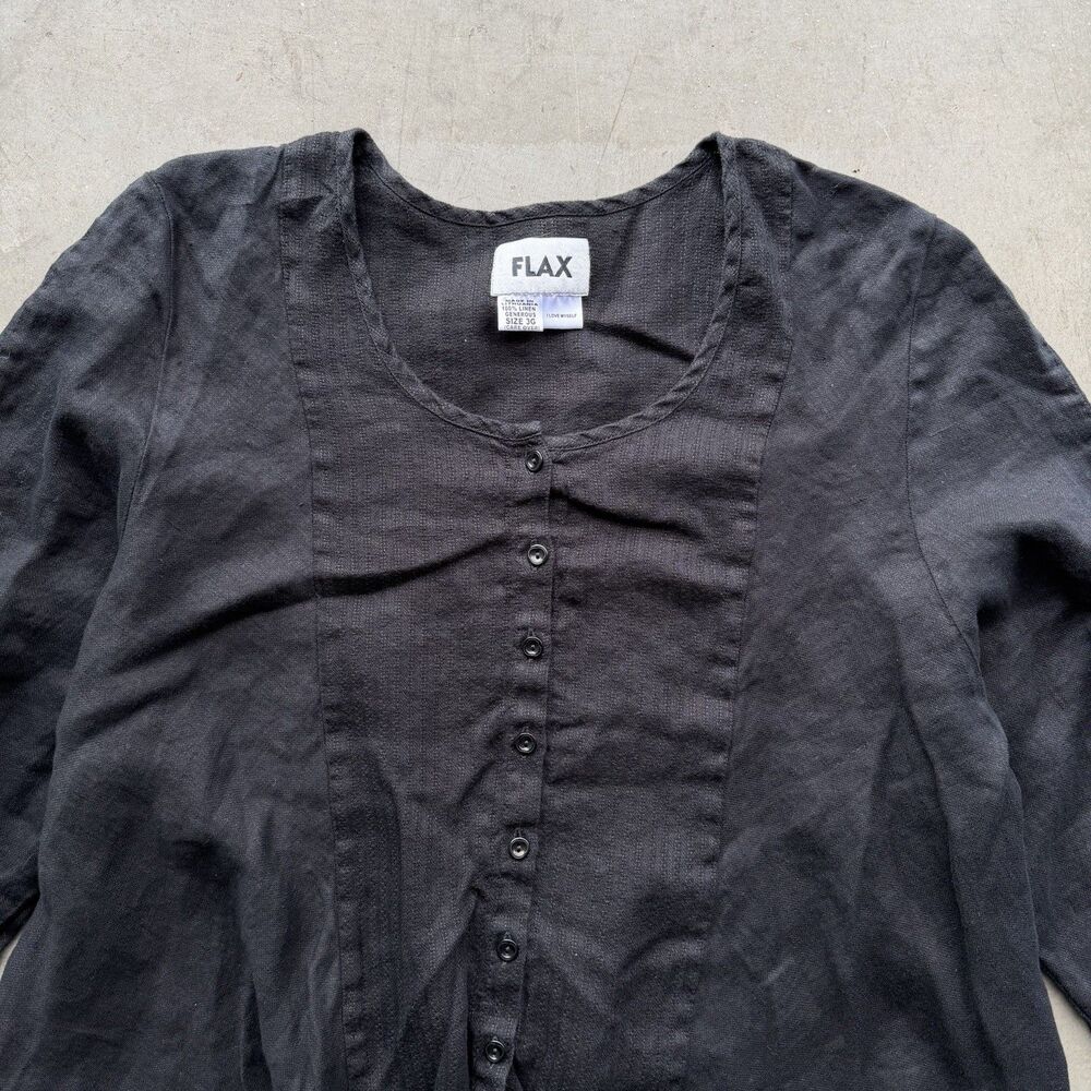 Flax Womens 3G Top Tunic Shirt Babydoll Lagenlook 100% Linen Button Front Black - Picture 2 of 7